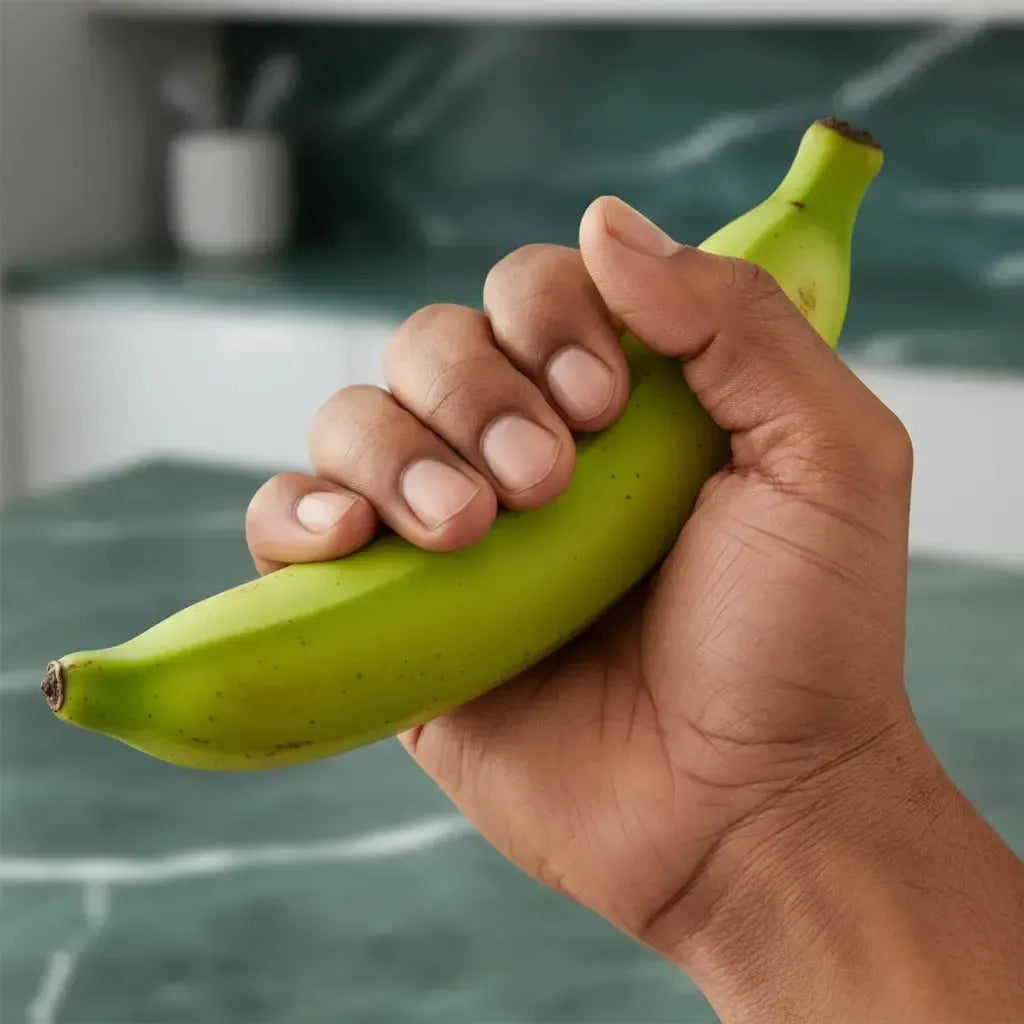 Main tenant une banane plantain verte fraîche, ingrédient essentiel pour recettes traditionnelles et plats frits.